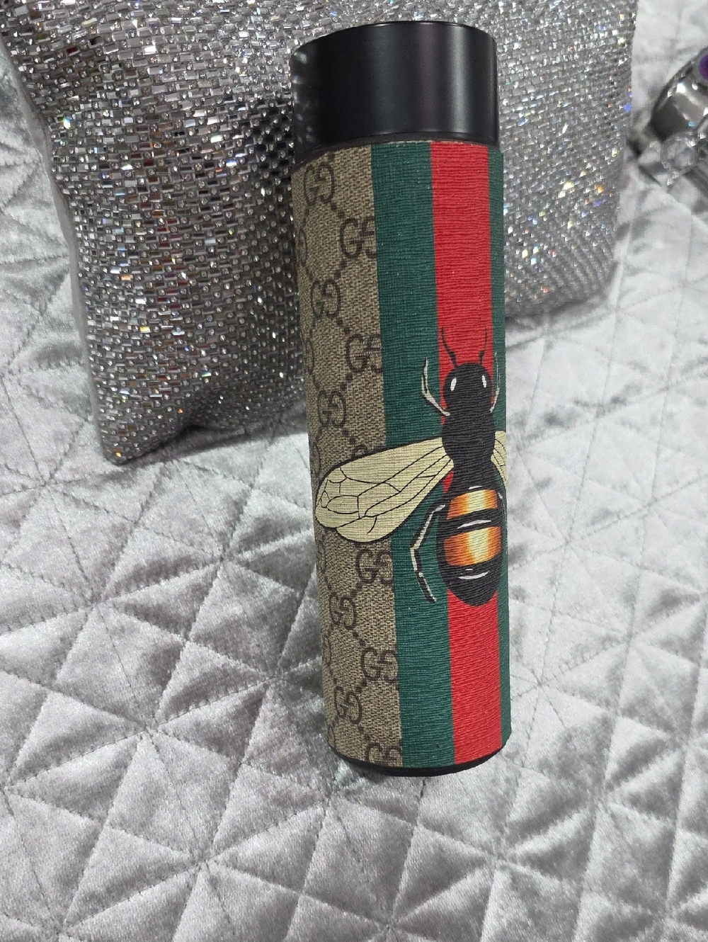 Designer Inspiref Beige Canvas Bee Bottle with Green & Red Stripe